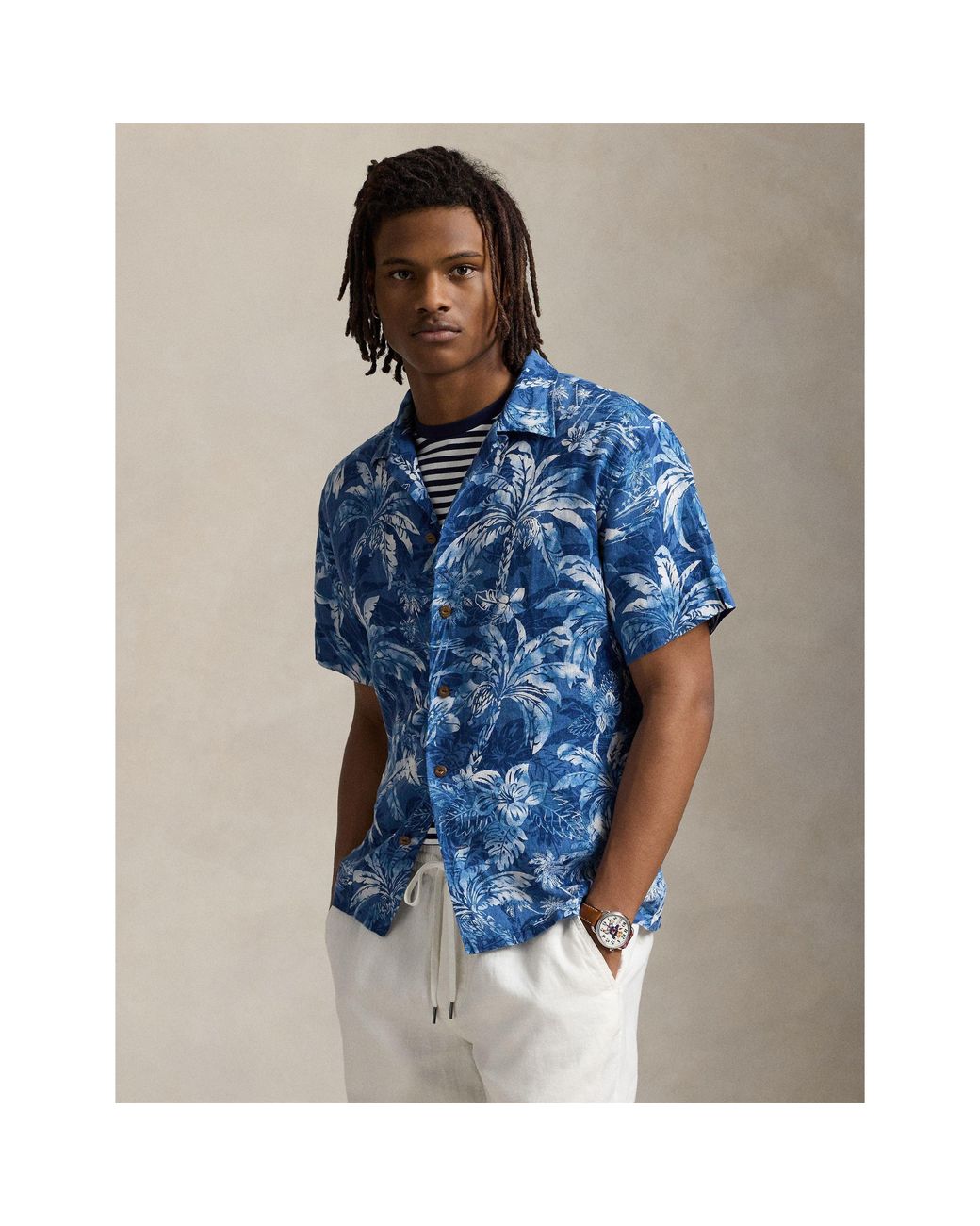 Polo Ralph Lauren Blue Linen Palm Pattern Short Sleeve Shirt for men
