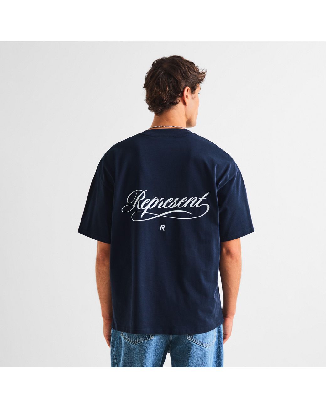 Represent Blue Script R Oversized T-Shirt for men