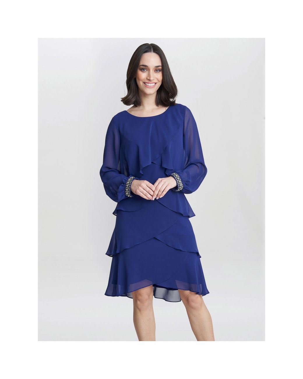 Gina Bacconi Blue Sakura Long Sleeved Tiered Dress