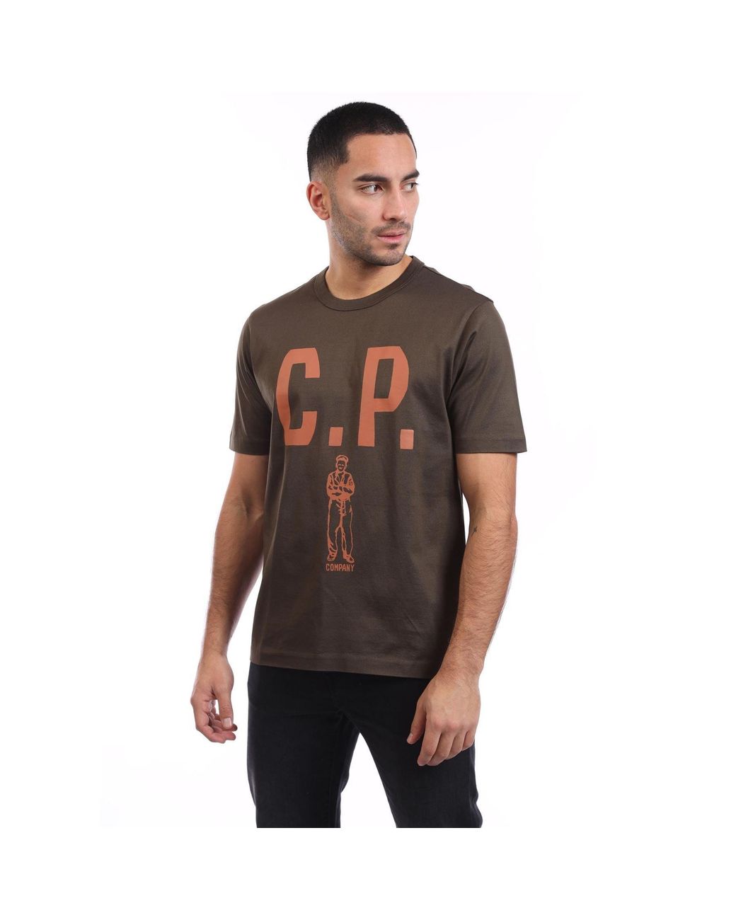 C P Company Brown Mercerized 30/2 Jersey Twisted Logo T-Shirt for men