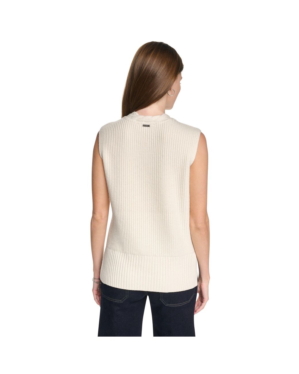 DKNY White Sleeveless V-Neck Cable Sweater