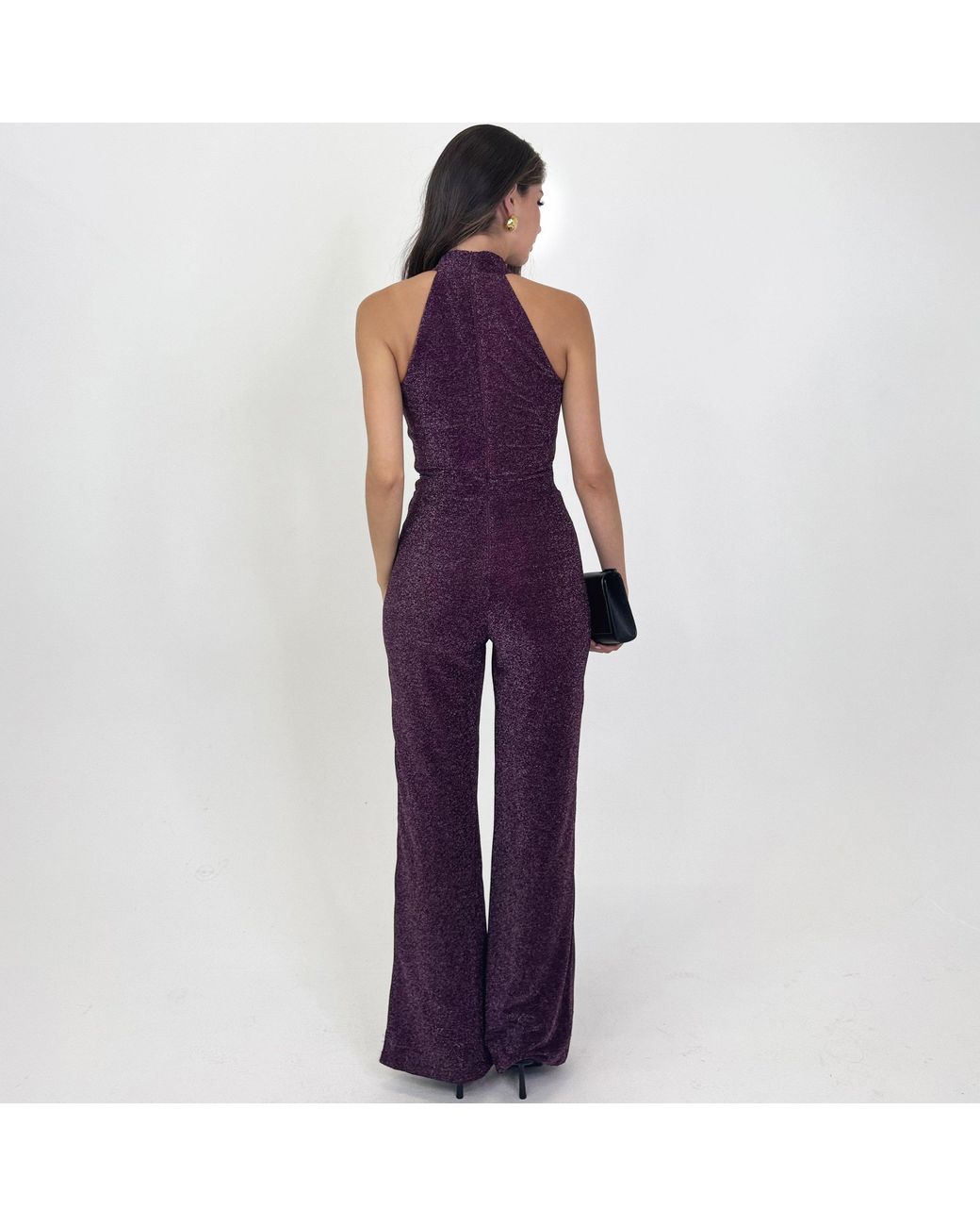 AX Paris Purple Sparkle Halter Neck Draped Waist Jumpsuit