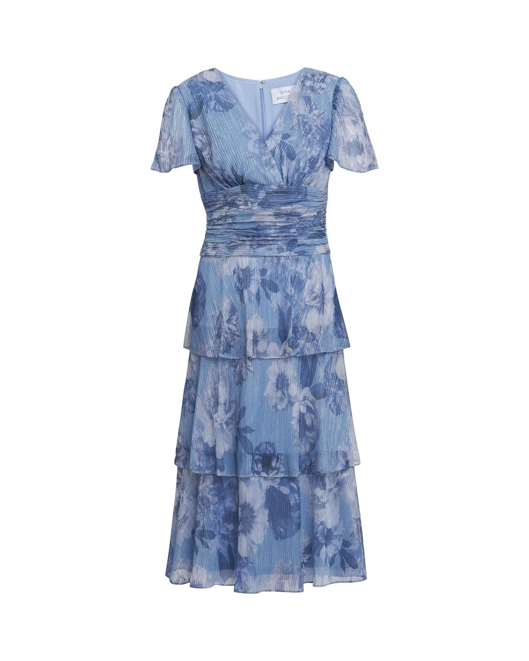 Gina Bacconi Blue Cherie Midi Printed Metallic Tier Dress