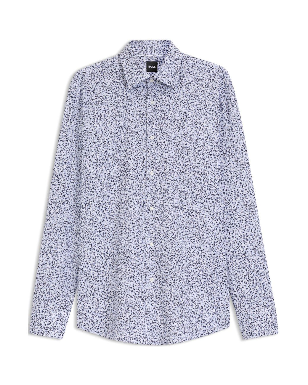 Boss Blue Floral Print Stretch Cotton Long Sleeve Slim Fit Shirt for men