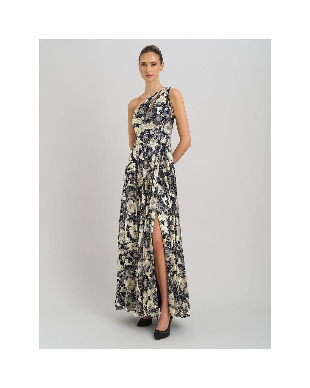 Gina Bacconi Metallic Sabina One Shoulder Floral Maxi Dress