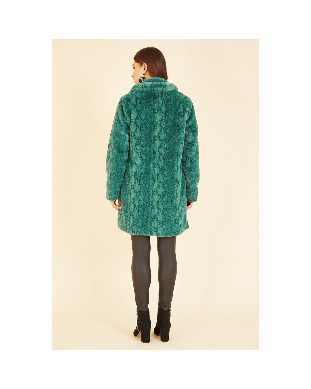 Yumi' Green Snakeskin Print Faux Fur Mid Thigh Coat