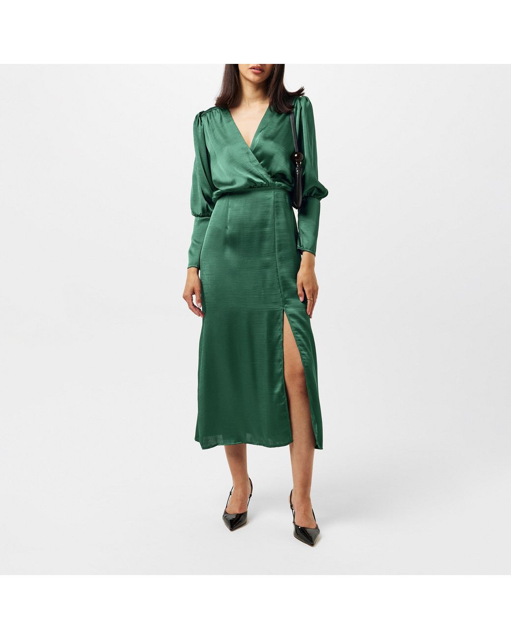AX Paris Green Satin Wrap Top Long Sleeve Midi Dress