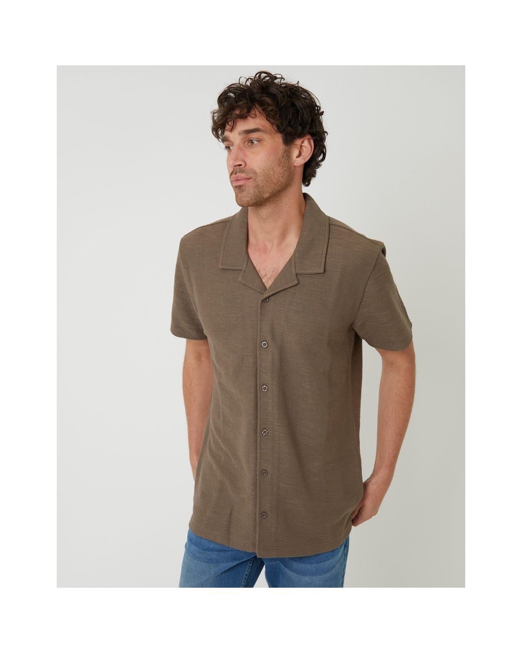 Threadbare Brown Antti Short-Sleeve Plain Shirt for men