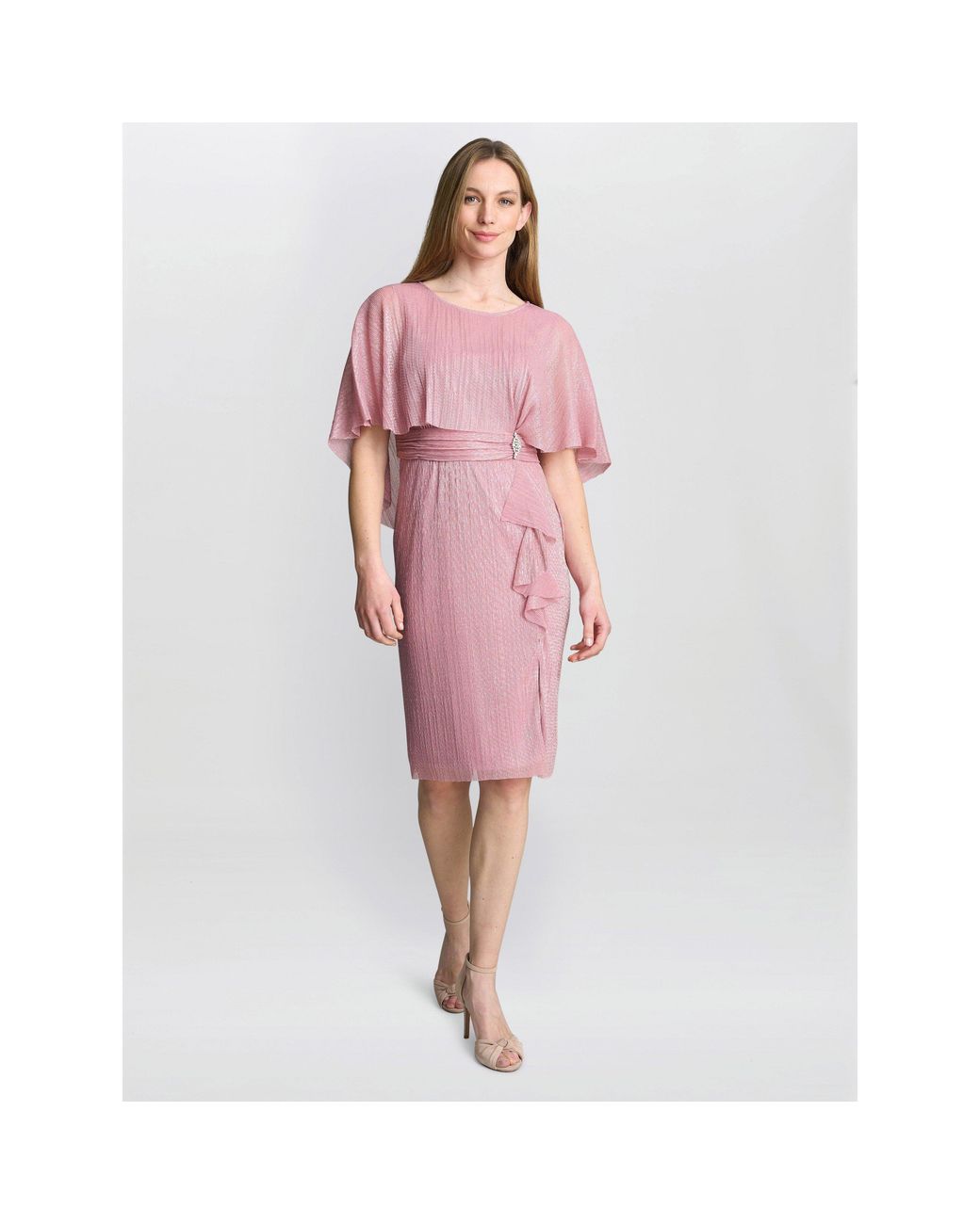 Gina Bacconi Pink Sonya Pleated Dress With Brooch