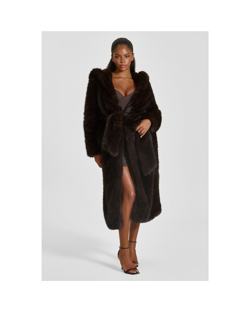 Mars the Label Black Maple Faux Fur Hooded Belted Oversized-Fit Teddy Coat