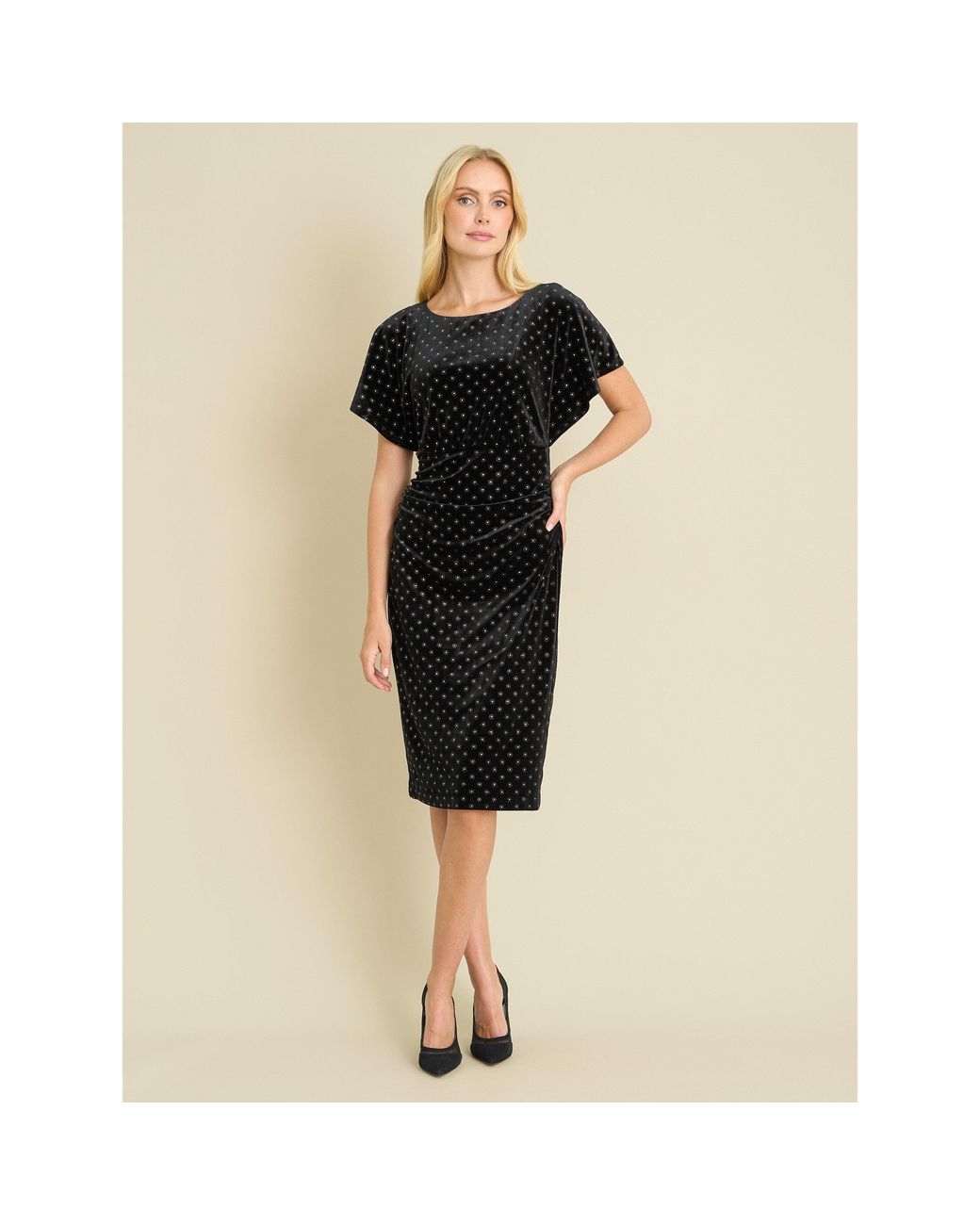 Gina Bacconi Black Iris Studded Draped Velvet Midi Dress