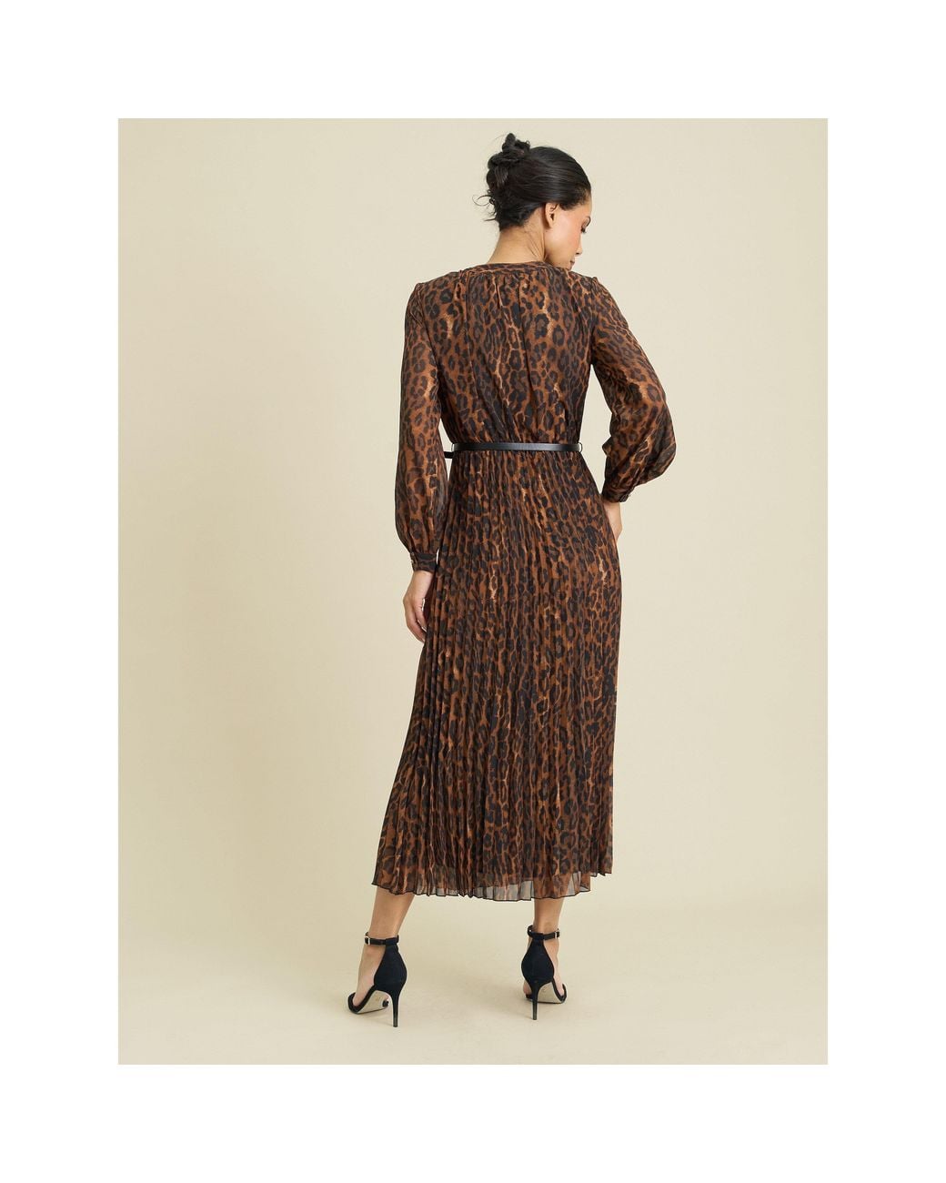Gina Bacconi Natural Yasmina Chiffon Belted Jewel Neck Animal Dress