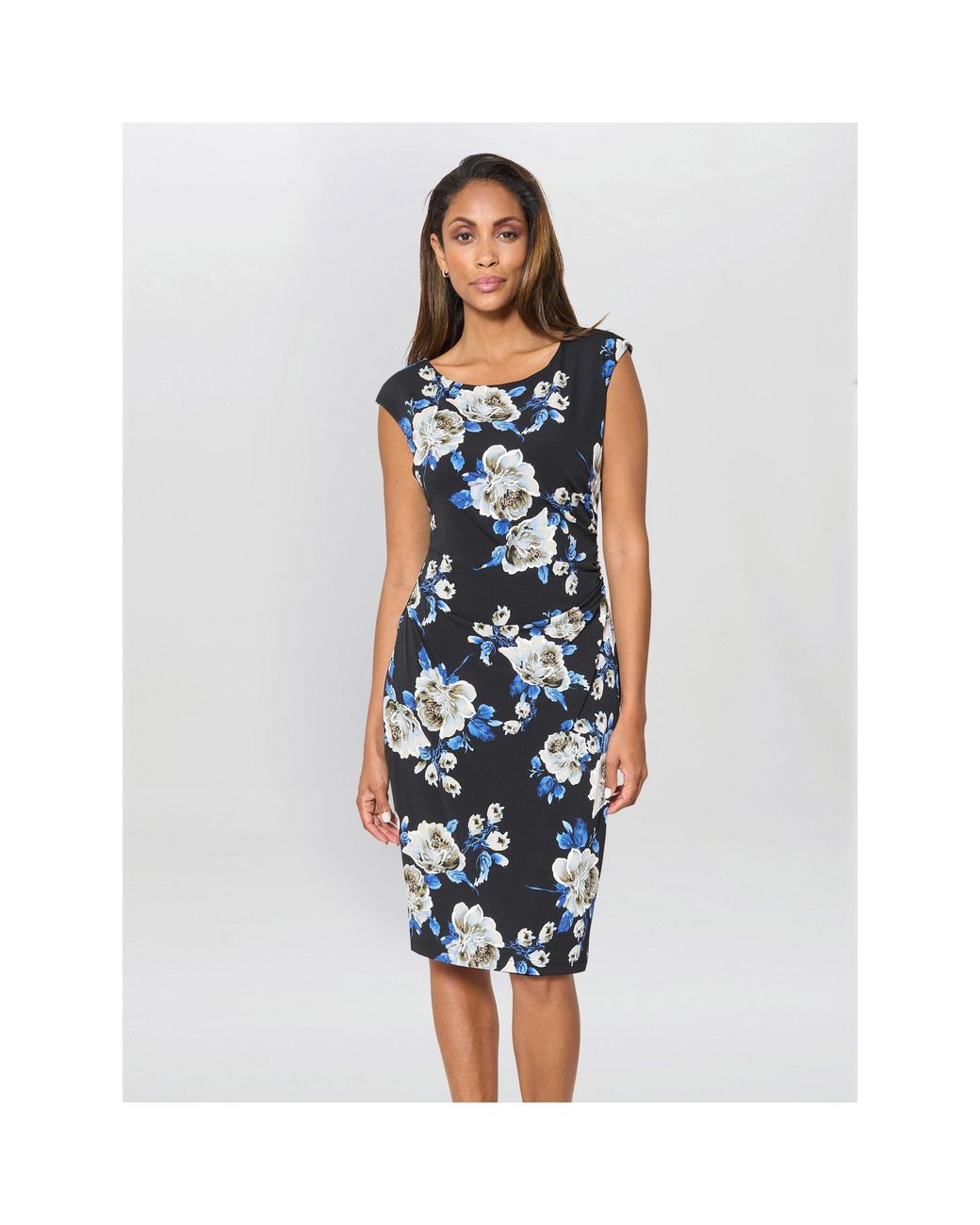 Gina Bacconi Blue Cybil Floral Print Sleeveless Dress