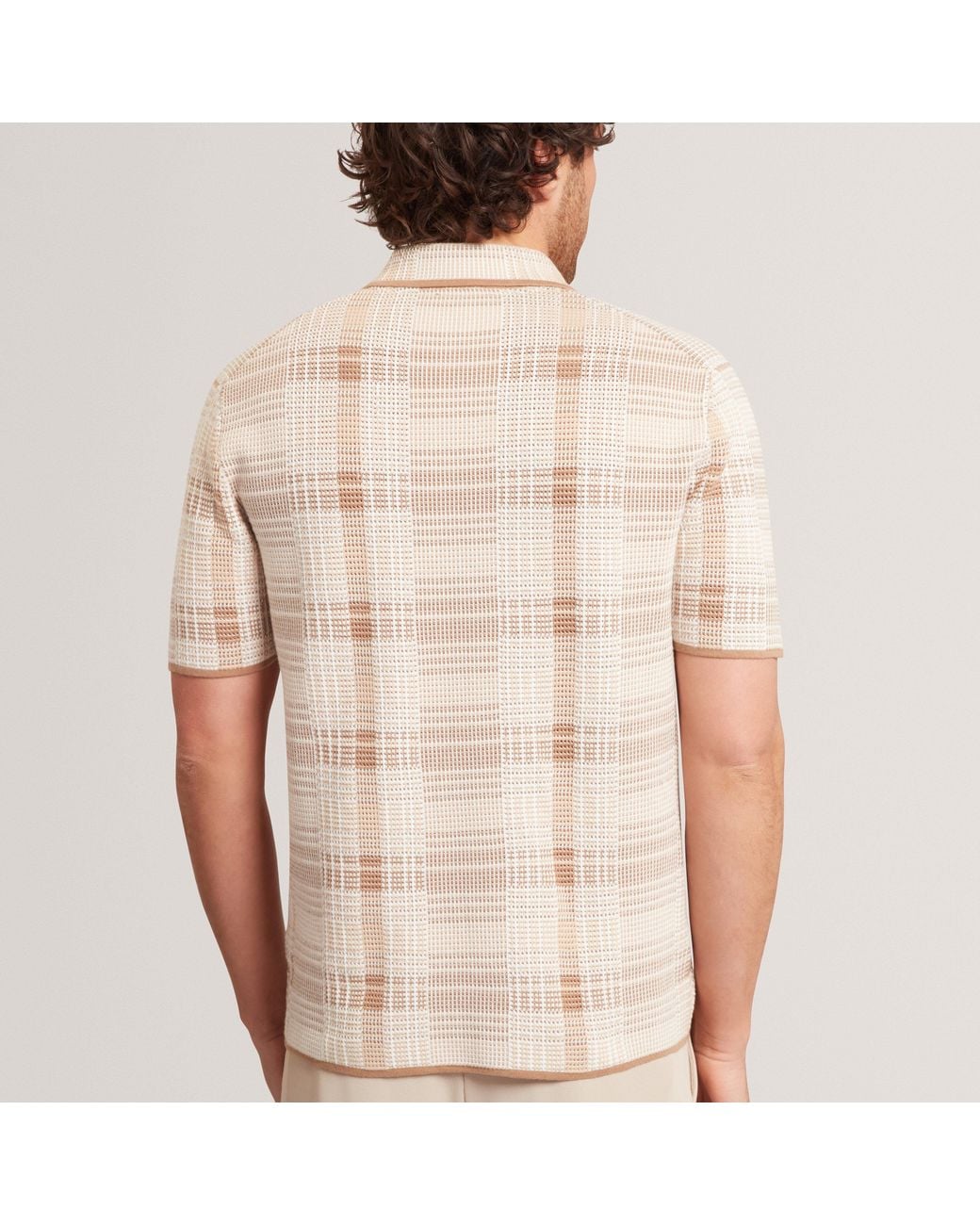 Ted Baker Natural Checked Zip Neck Cotton Knit Polo for men