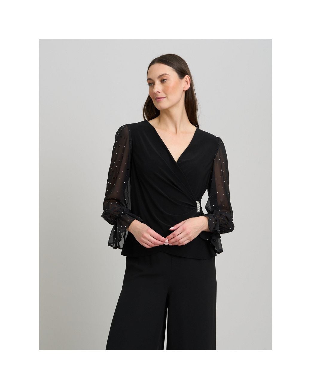Gina Bacconi Black Jewel Wrap Top With Embellished Sleeves