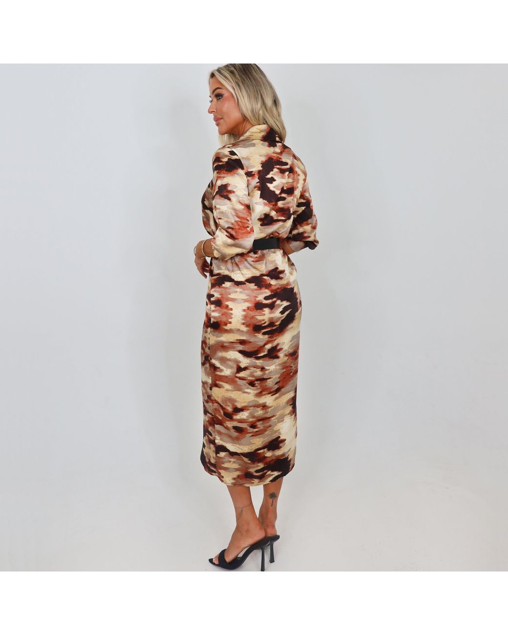 AX Paris Metallic Smudge Print Belted Wrap Shirt Midi Dress