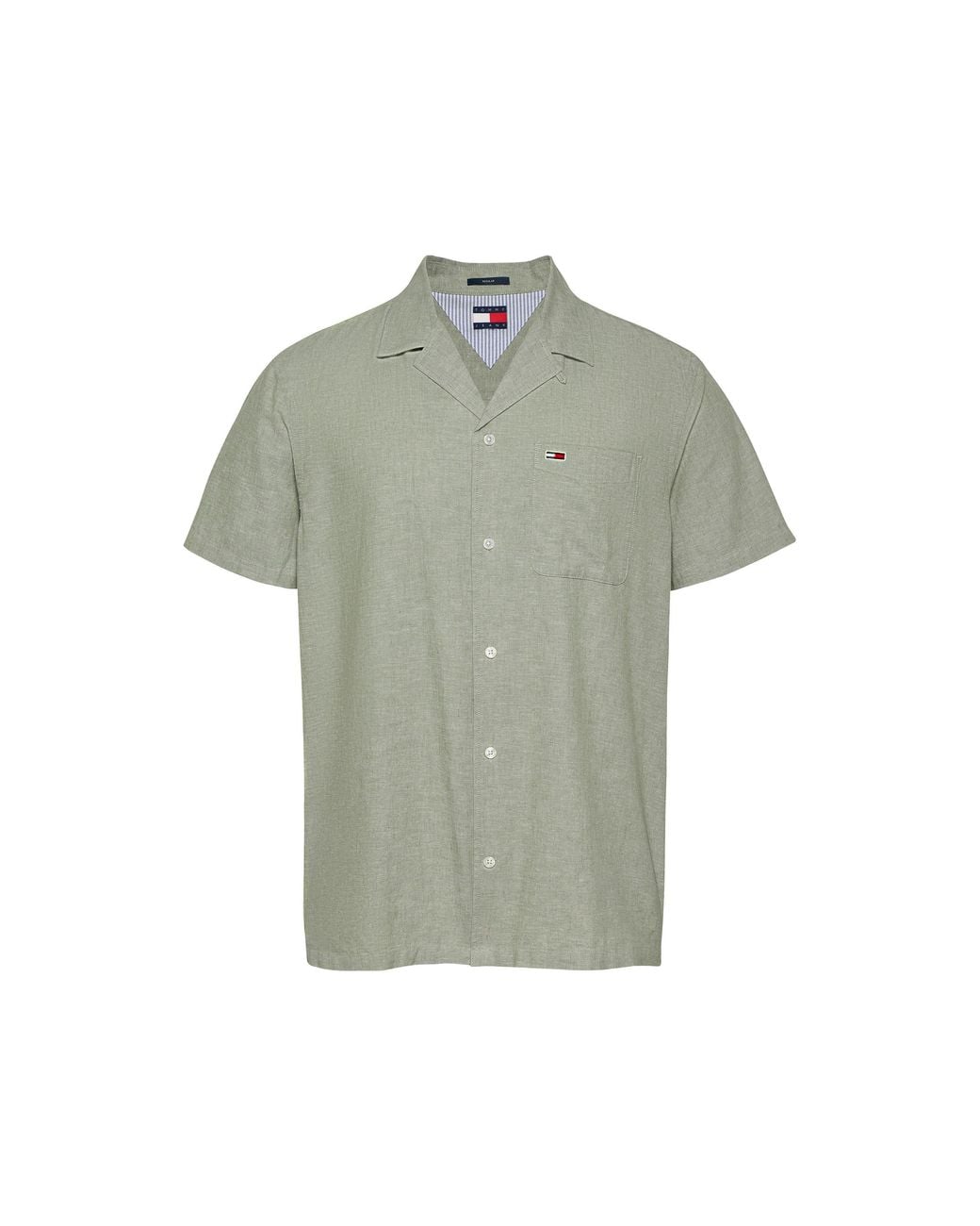 Tommy Hilfiger Green Linen Blend Short-Sleeve Plain Shirt for men