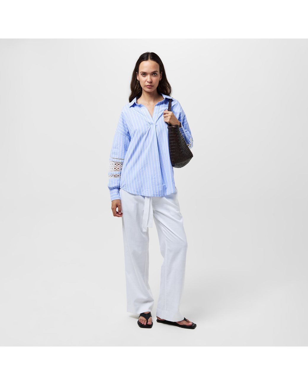 French Connection Blue Cambria Stripe Embroidered Long-Sleeve Patterned Shirt