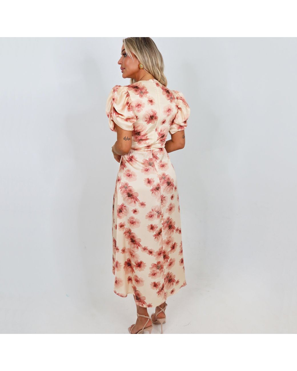 AX Paris Orange Floral Print Puff Sleeve Gathered Side Midi Dress