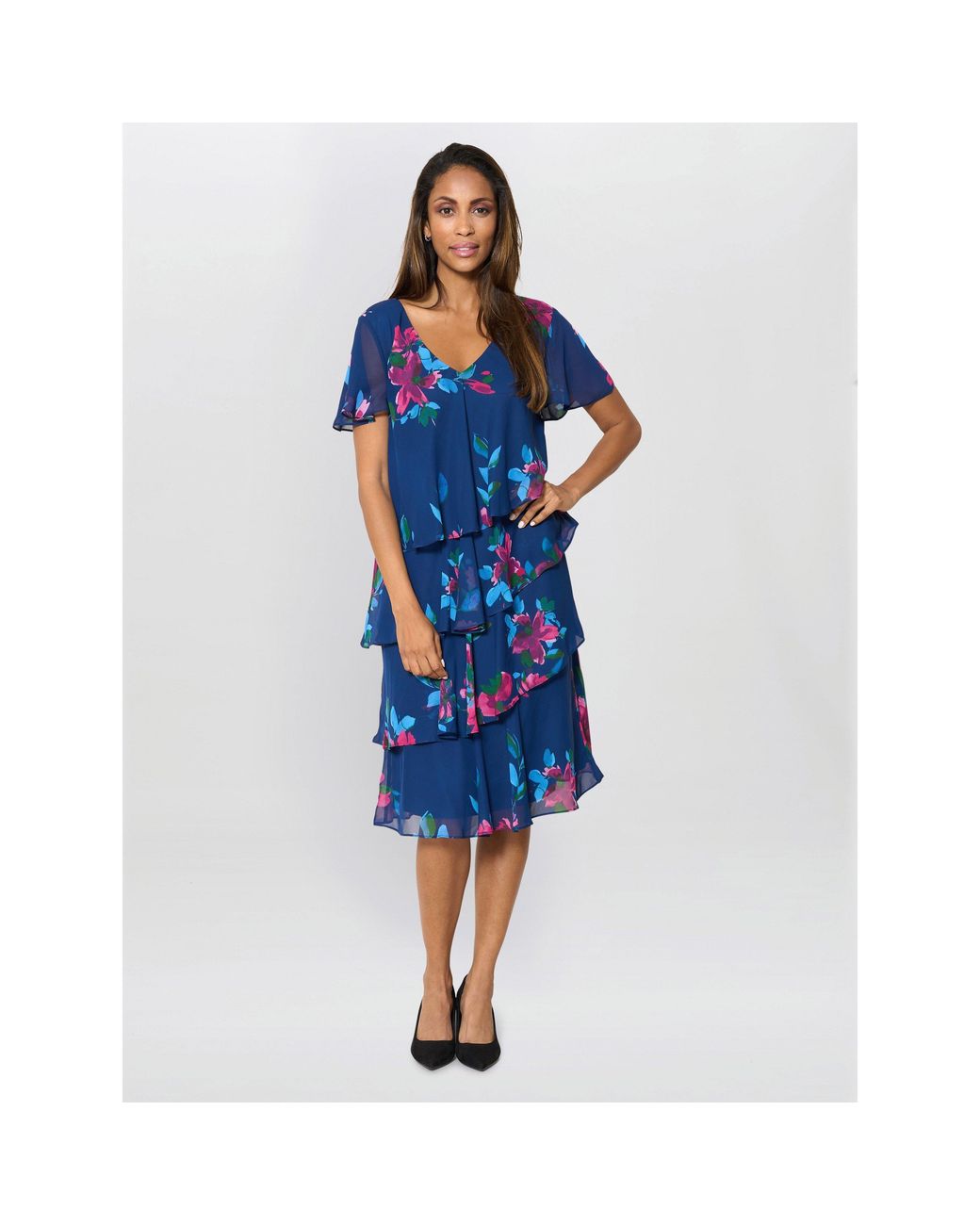 Gina Bacconi Blue Talie Tiered Floral Chiffon Dress