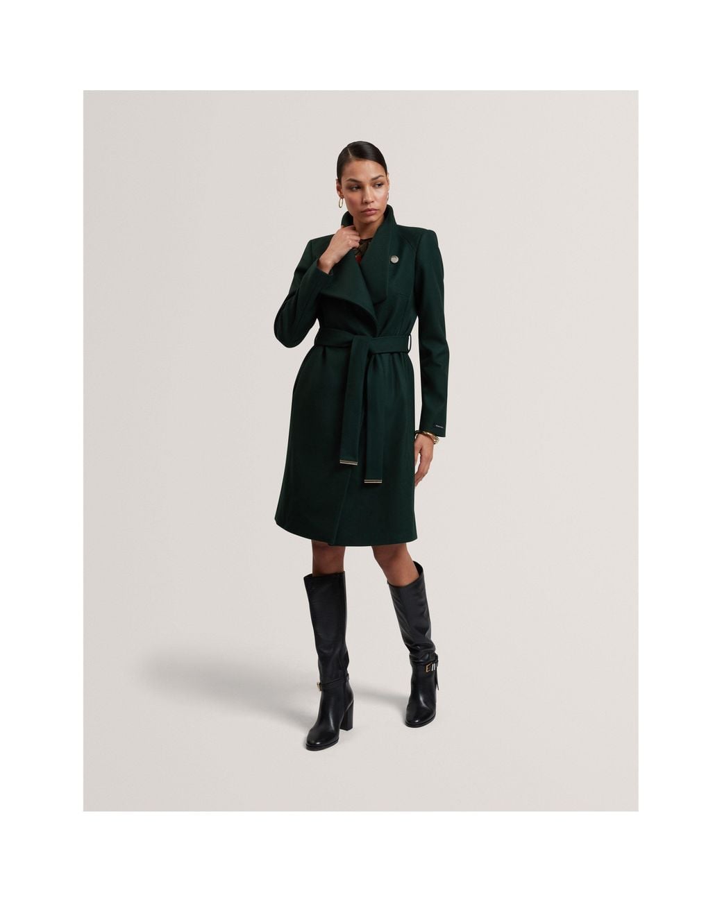 Ted Baker Green Rose Belted Midi Wool Long Sleeve Coat