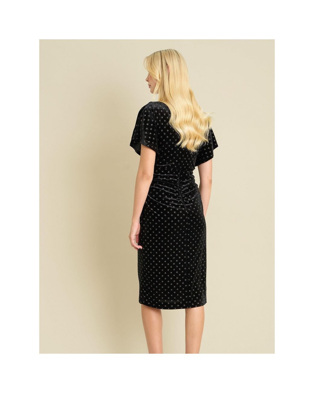 Gina Bacconi Black Iris Studded Draped Velvet Midi Dress