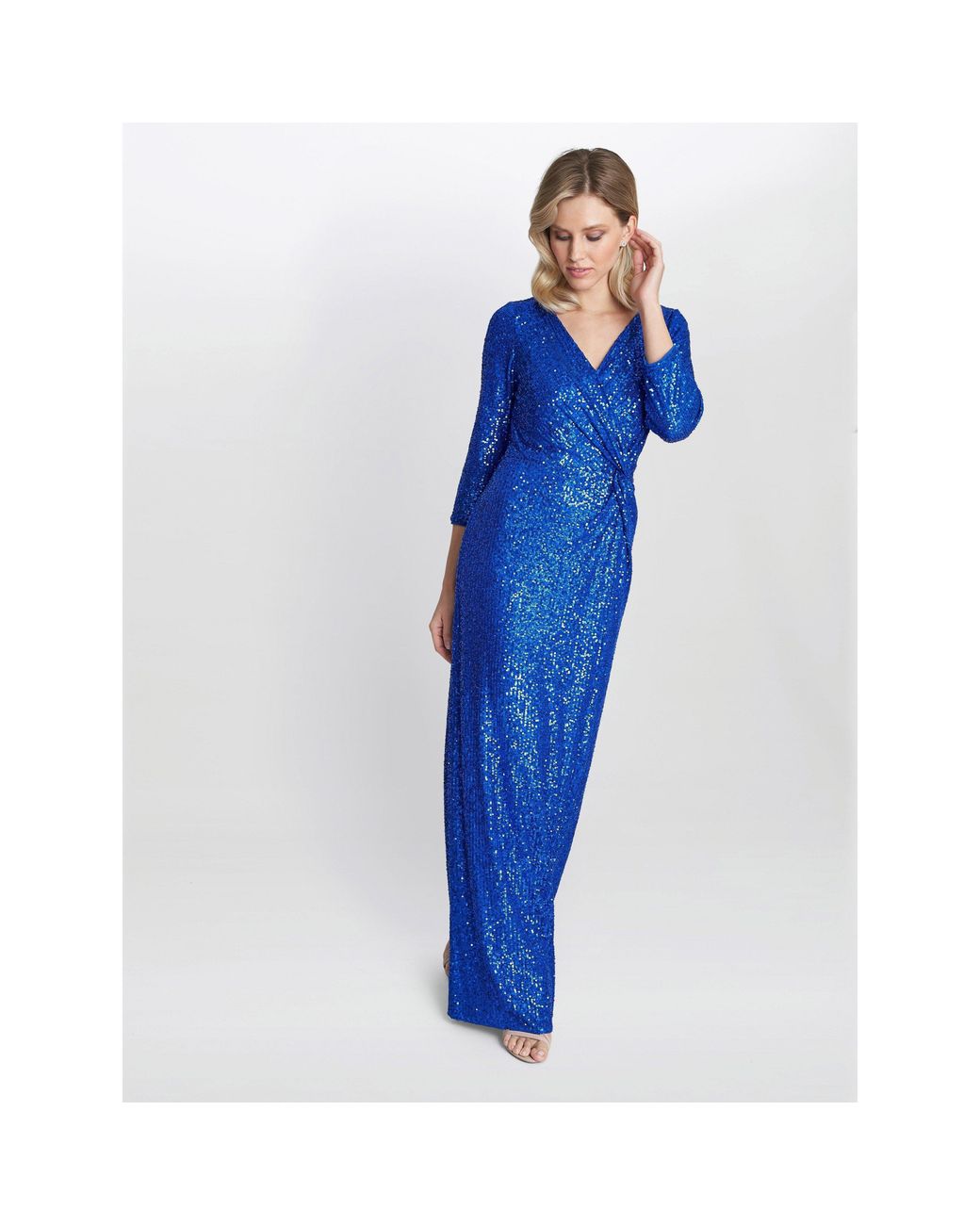 Gina Bacconi Blue Jacynda Sequin 3/4 Sleeve Wrap Dress