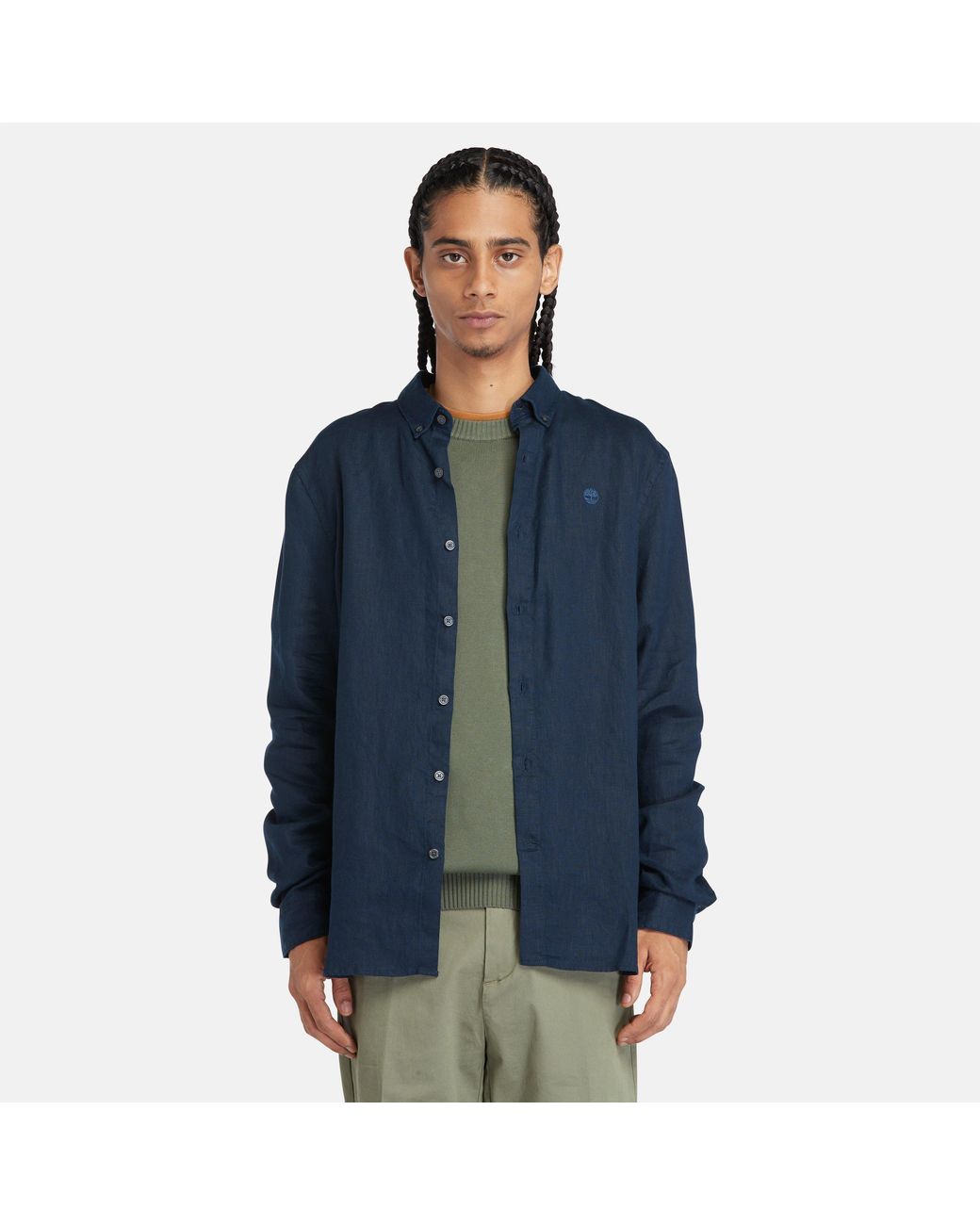 Timberland Blue Mill Brook Linen Leaf Long-Sleeve Plain Shirt for men