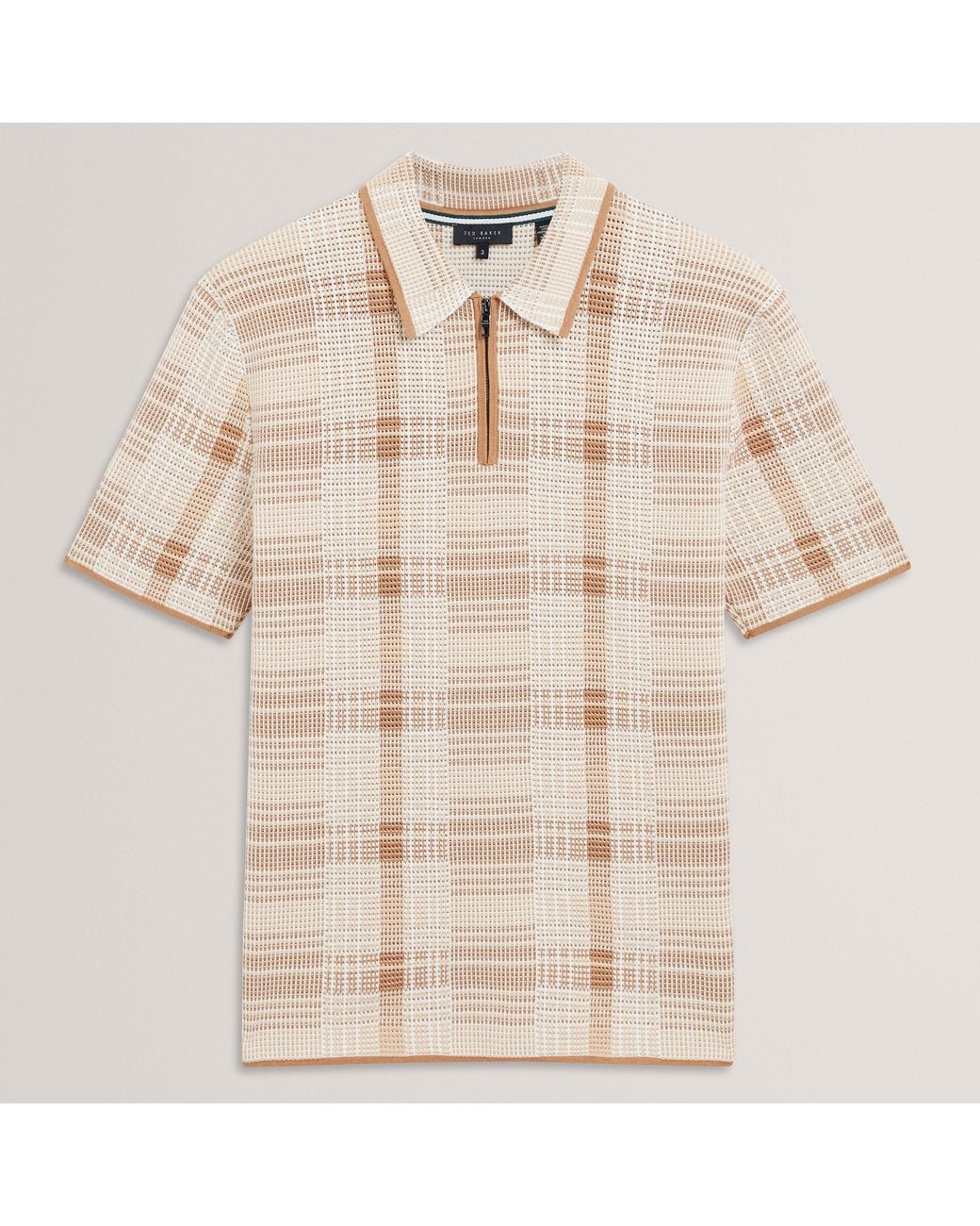 Ted Baker Natural Checked Zip Neck Cotton Knit Polo for men