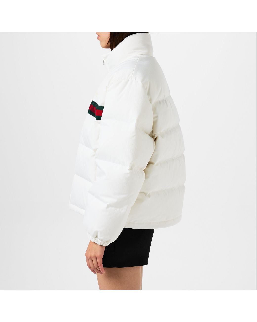 Gucci White Twill Bomber Water Resistant Goose Down Stand Collar Short Puffer Jacket