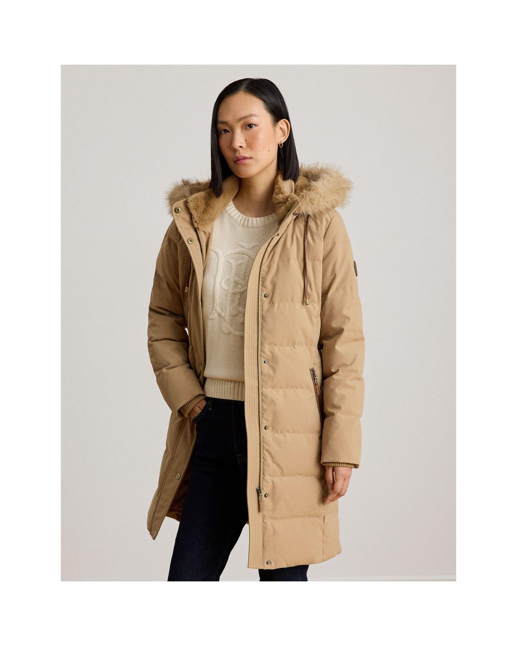 Ralph Lauren Natural Faux Fur Hood Medium Puffer Jacket