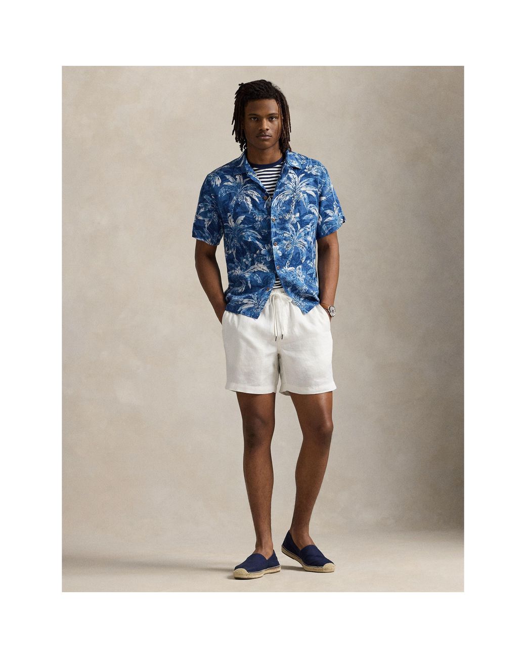 Polo Ralph Lauren Blue Linen Palm Pattern Short Sleeve Shirt for men