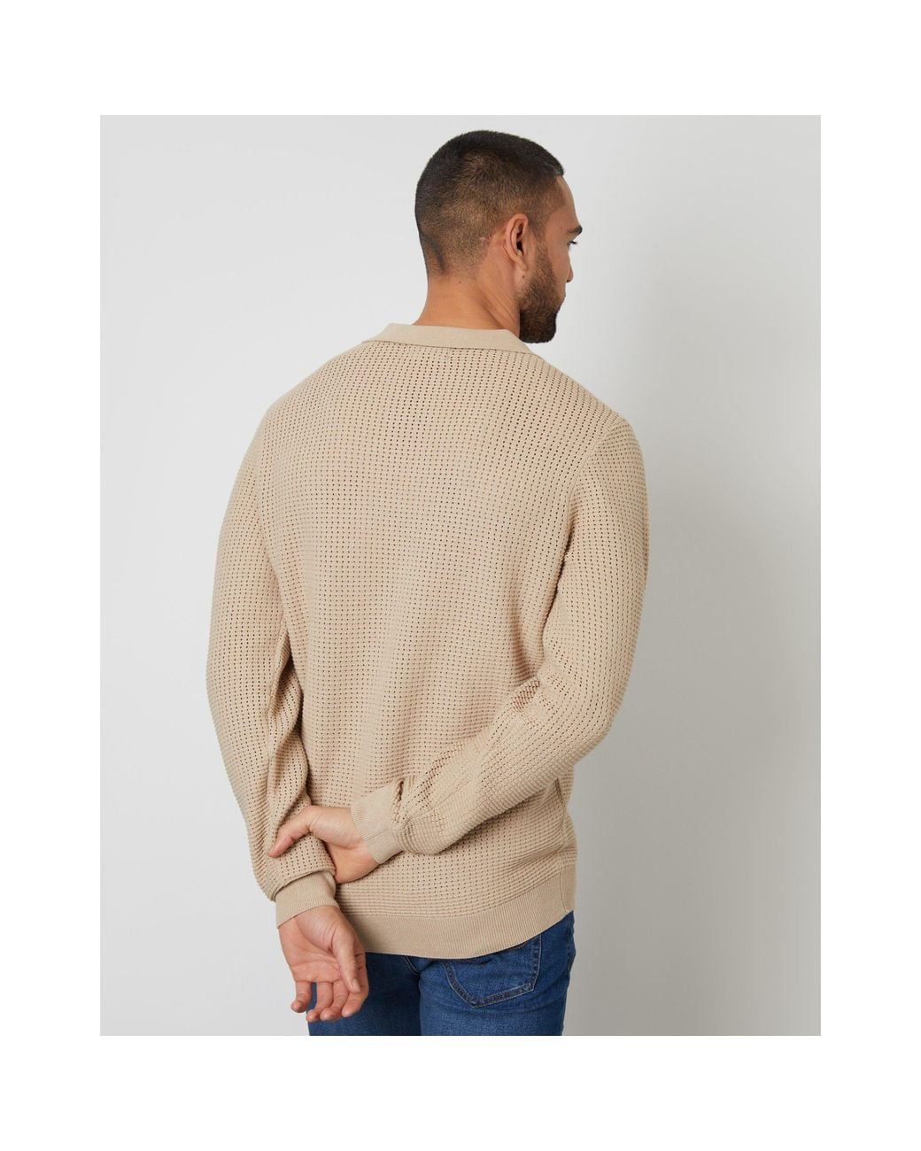 Threadbare Natural Brockholes Long Sleeve Knitted Polo Shirt for men