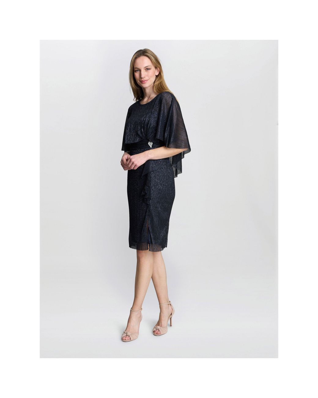 Gina Bacconi Blue Sonya Pleated Dress With Brooch
