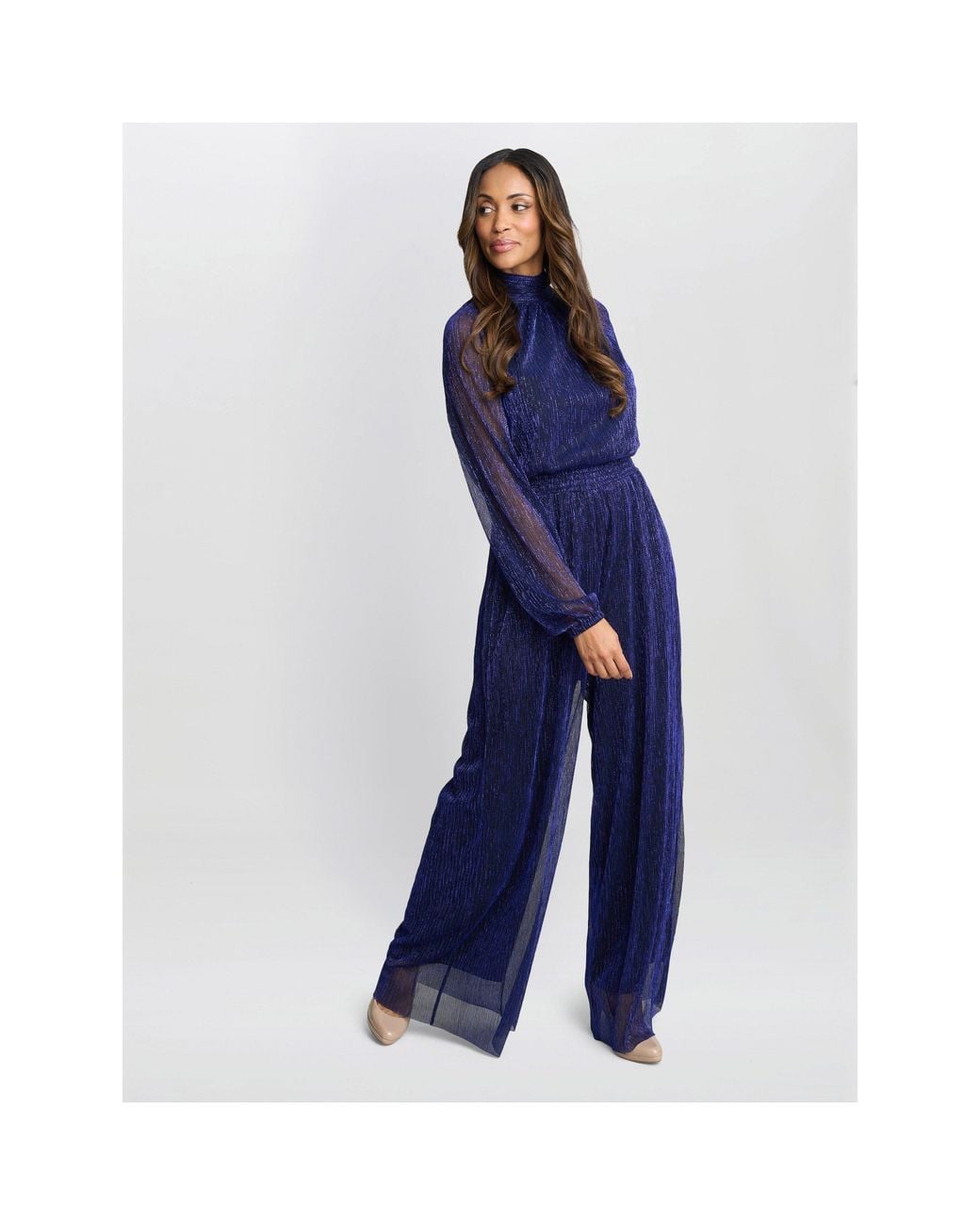 Gina Bacconi Blue Kylie Metallic Knit Jumpsuit