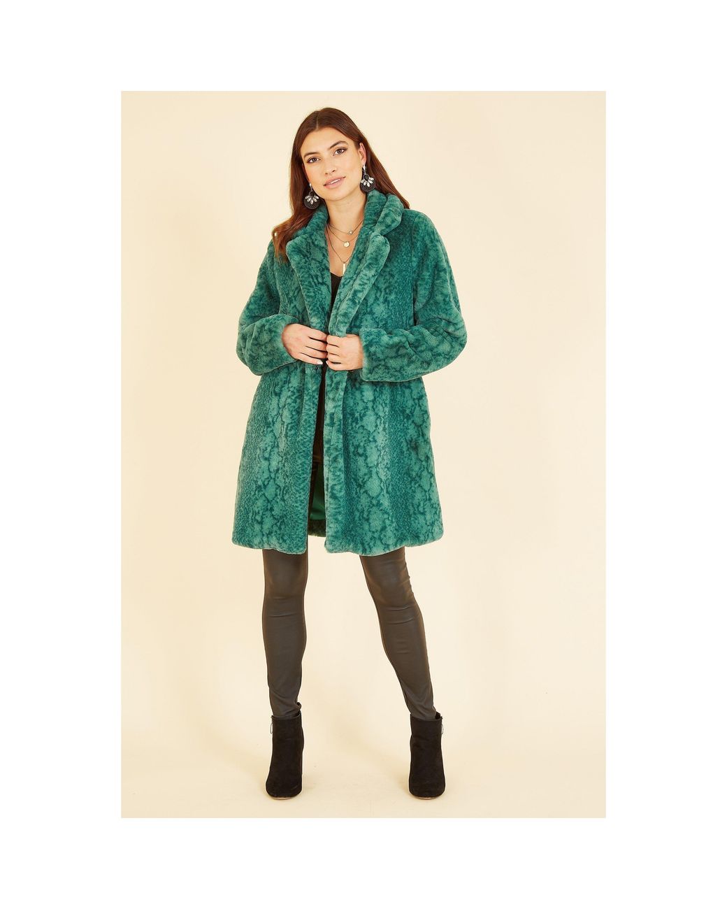 Yumi' Green Snakeskin Print Faux Fur Mid Thigh Coat