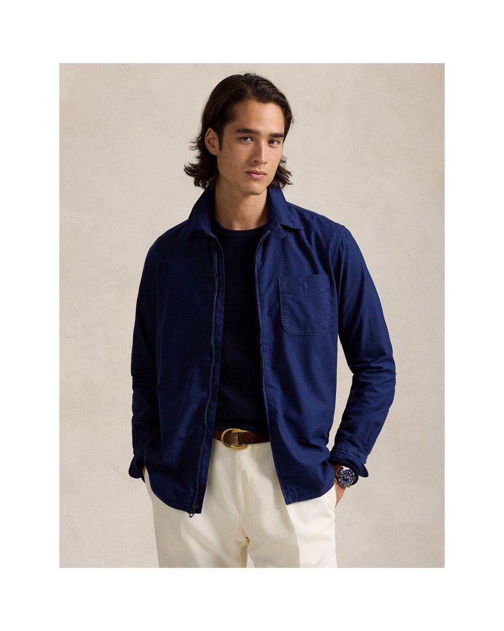 Polo Ralph Lauren Blue Garment Dye Cotton Long Sleeve Full Zip Overshirt for men