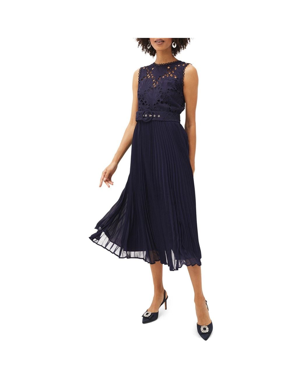 Phase Eight Blue Amora Lace Bodice Pleated Dress