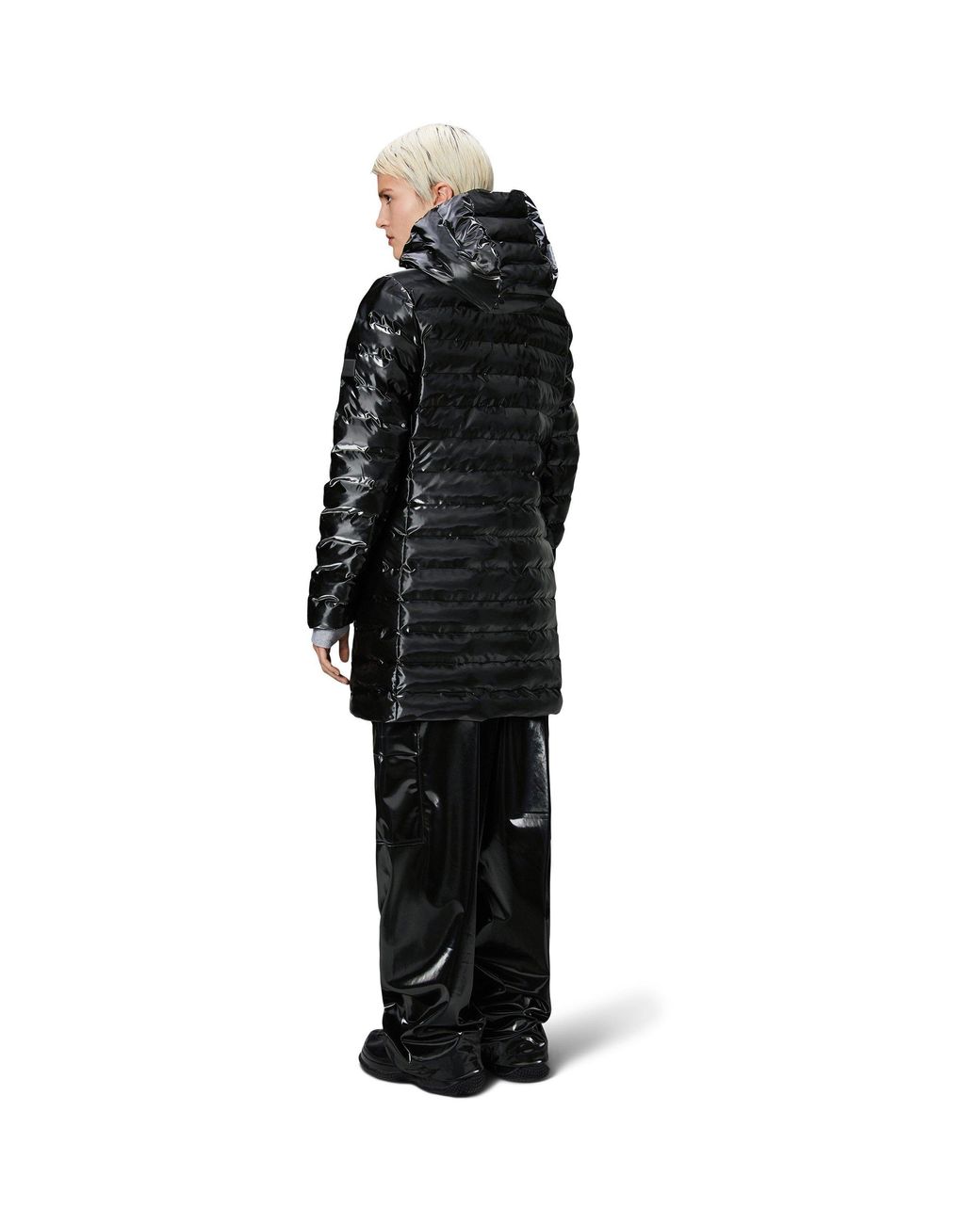 Rains Black Lohja Curve Hooded Funnel Neck Long Sleeve Long Puffer Jacket
