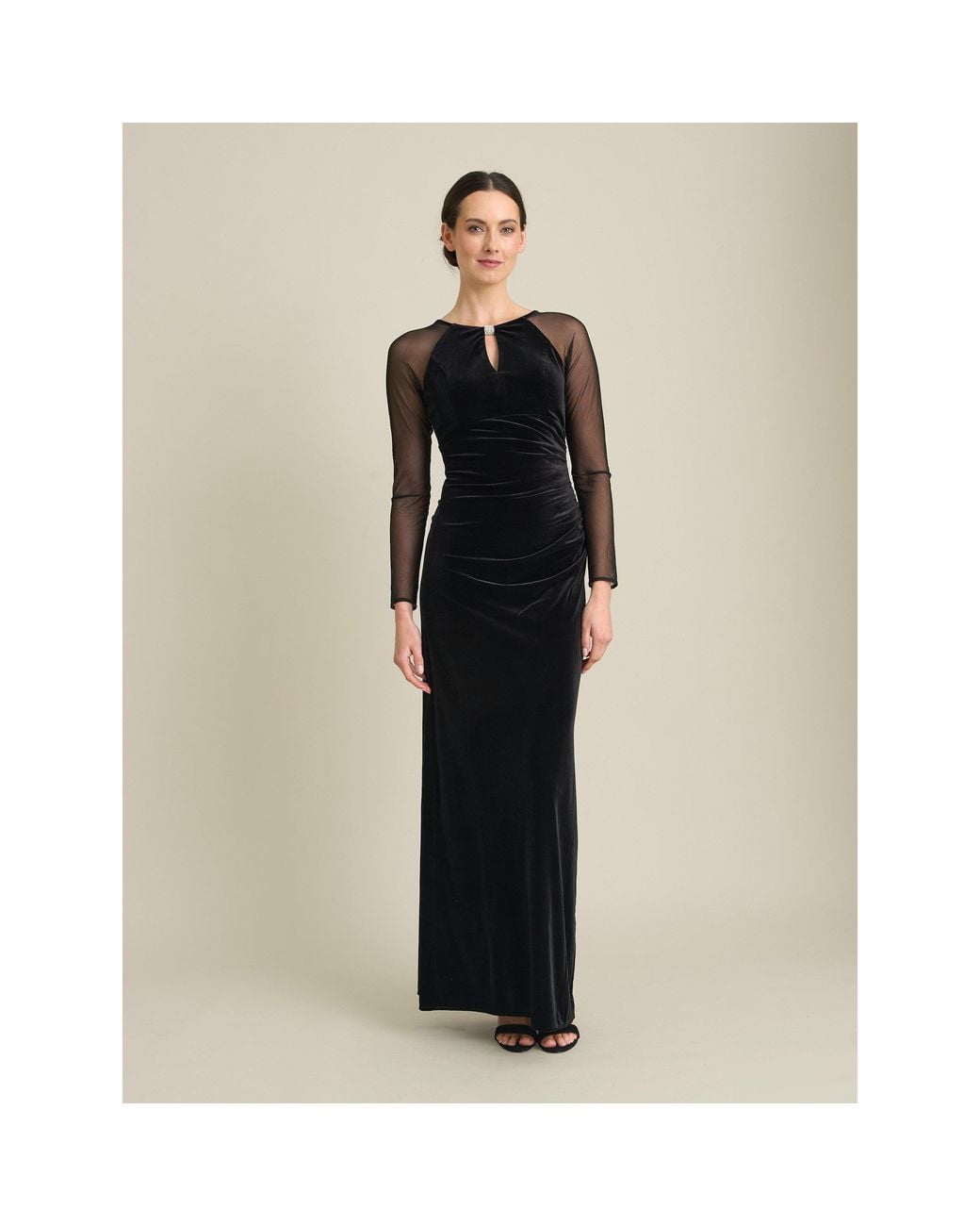 Gina Bacconi Natural Sheridan Velvet Maxi Dress With Sheer Sleeves
