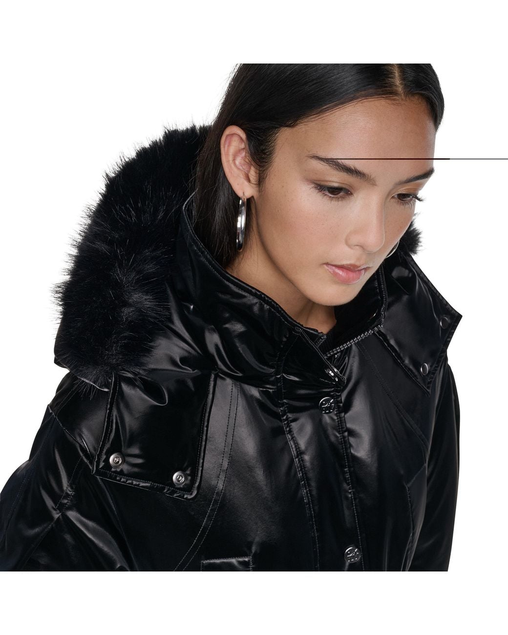 DKNY Black Sportswear Faux Fur Long Jacket