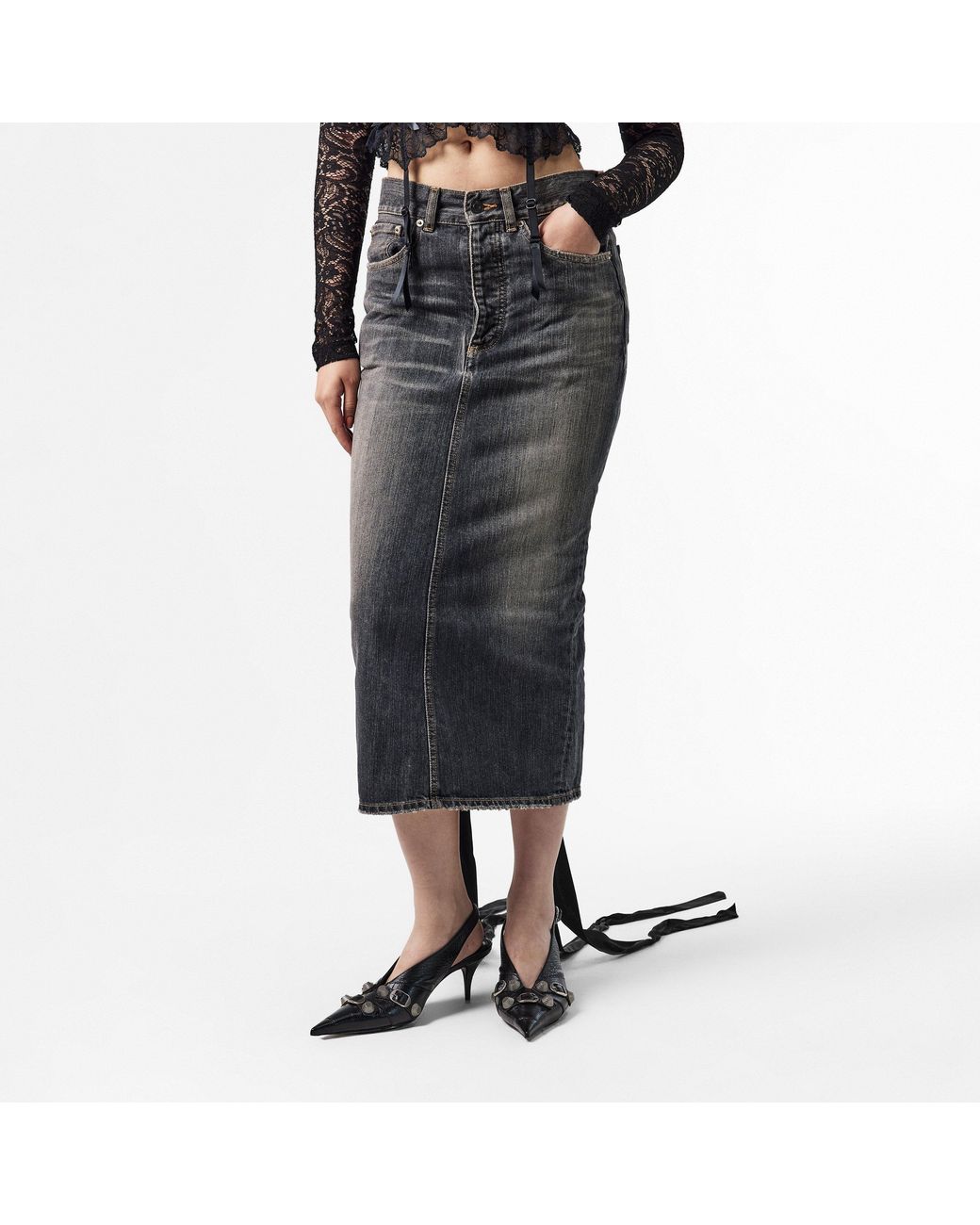 Balenciaga Gray Lace-Up Denim Skirt