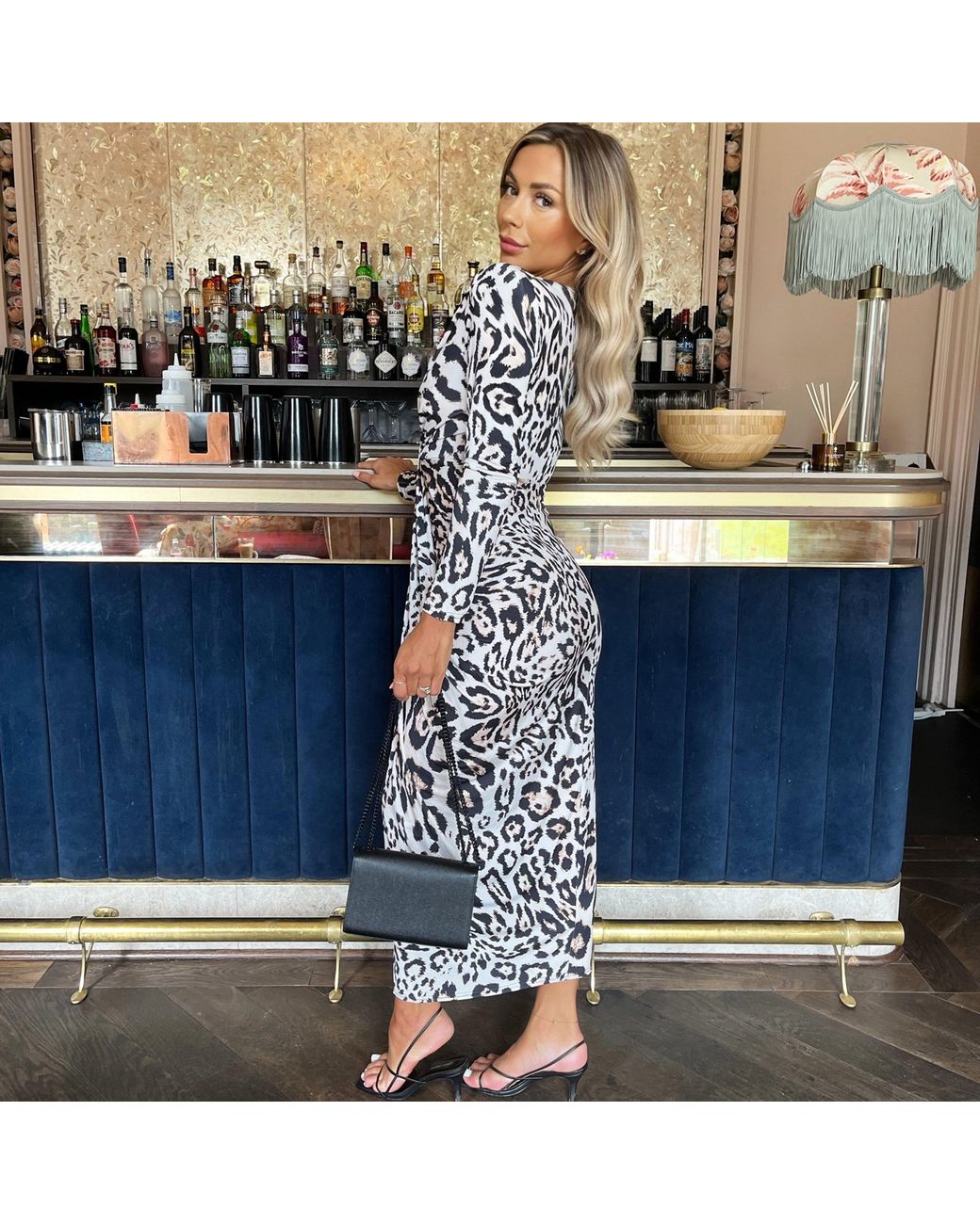 AX Paris Blue Leopard Print Long Sleeve V Neck Knot Drape Midi Dress