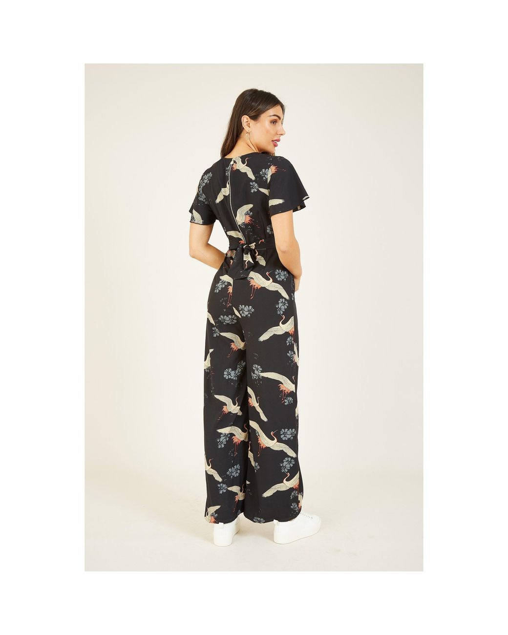 Yumi' White Crane Print Jumpsuit