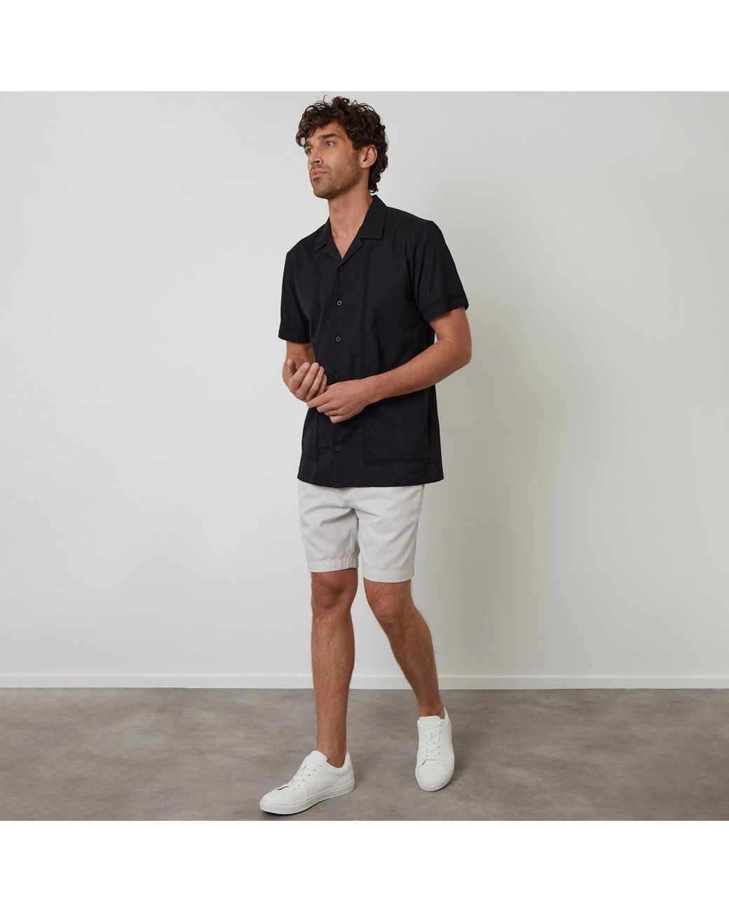 Threadbare Black Linen Blend Lace Trim Relaxed Fit Shirt for men