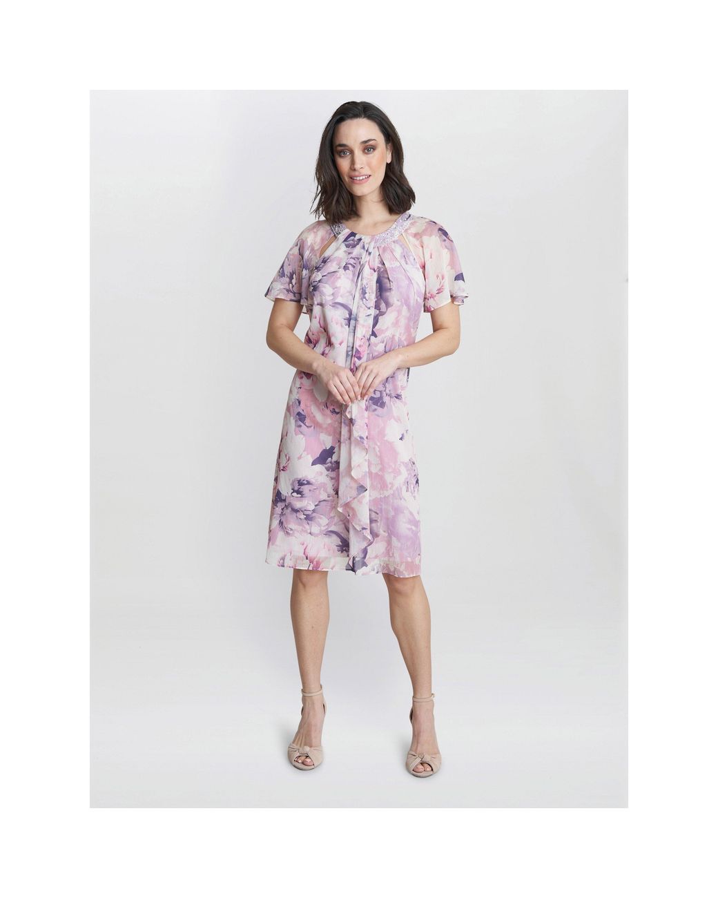 Gina Bacconi Purple Erika Printed Dress With Embellished Neckline