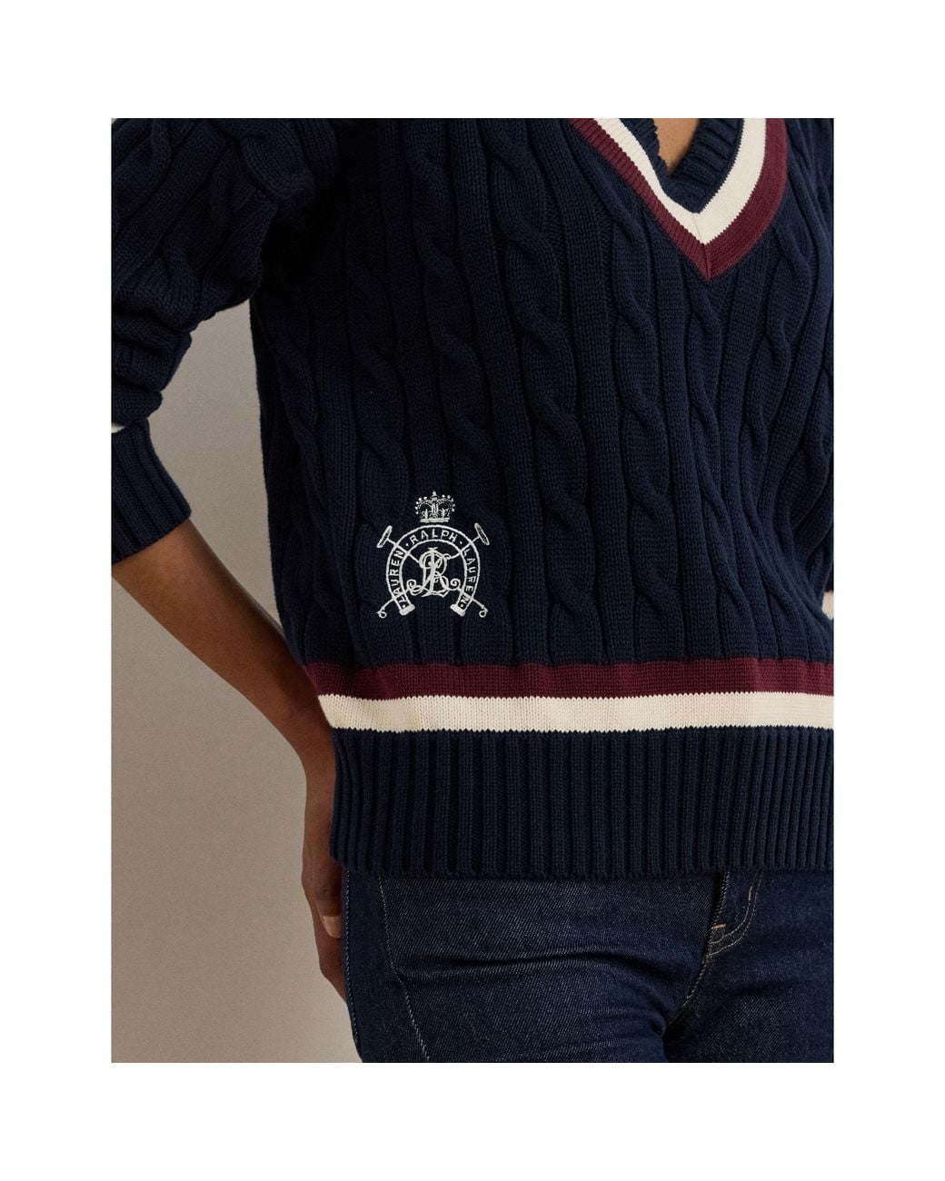 Ralph Lauren Blue Real Leather Knitted Crew Neck Jumper