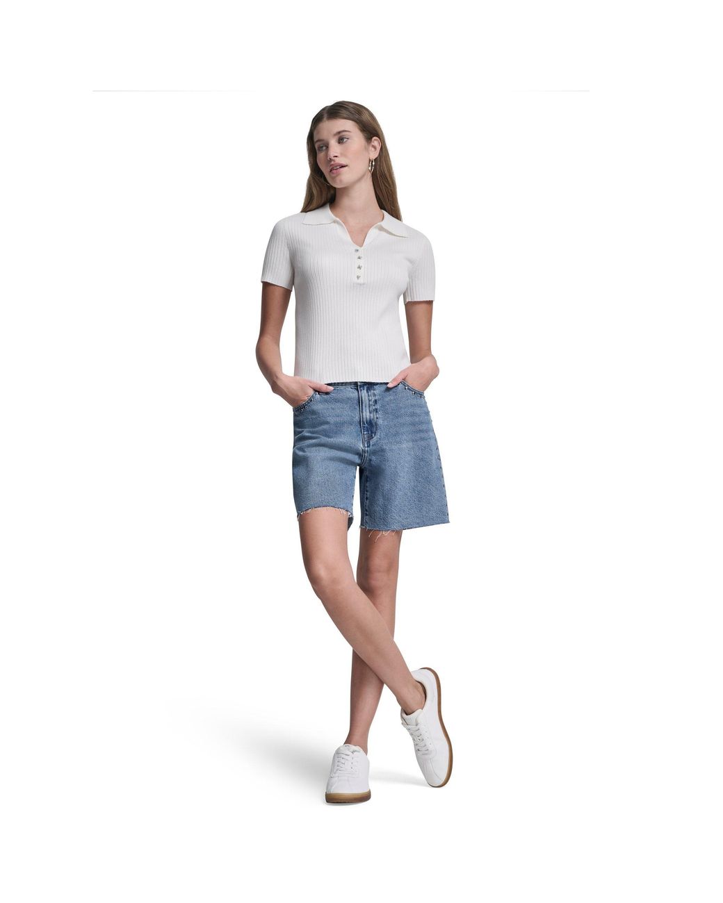 DKNY White Jeans Short Sleeve Rib Polo W/ Logo Rhinestone Buttons