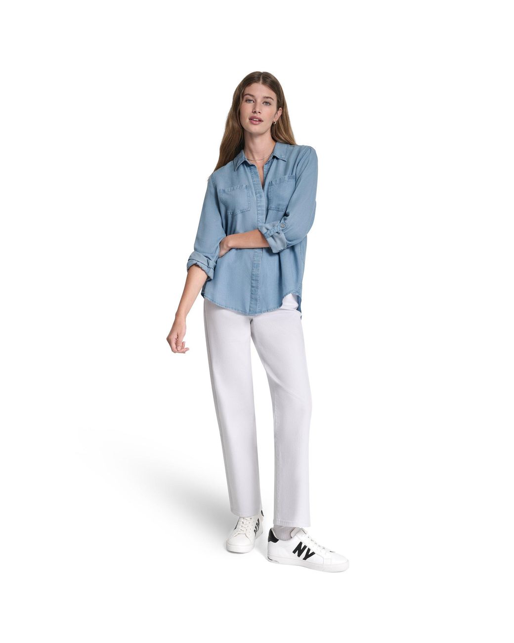 DKNY Blue Jeans Split Back Button Front Tencel Shirt W/ Roll Tab Sleeve