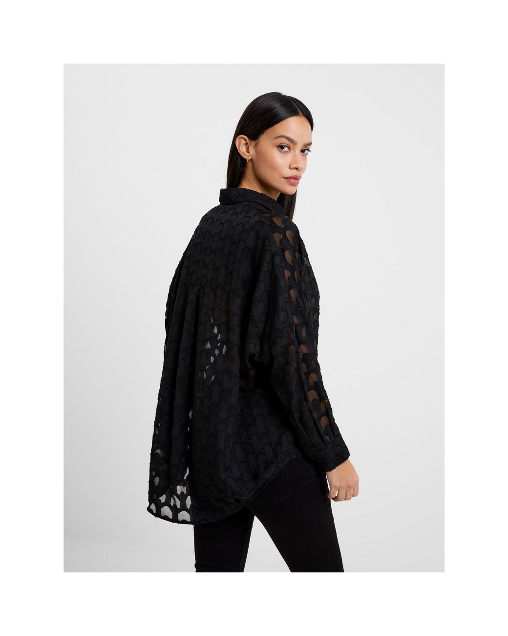 French Connection Black Geo Burn-Out Popover Shirt